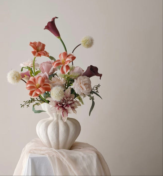 Dusk & Dahlia bouquet - close up of mauve dahlia, cream roses and allium spheres