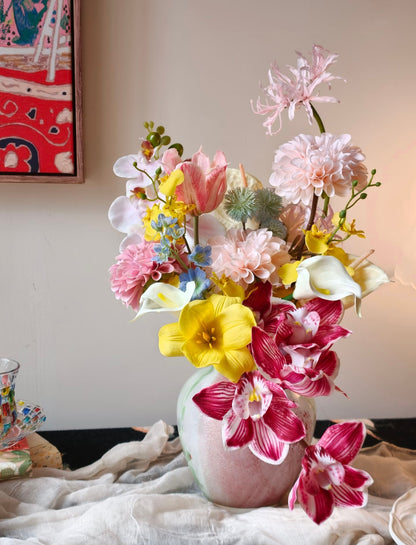 Wild & Wonderful bouquet in mushroom vase - warm afternoon light with art print backdrop
