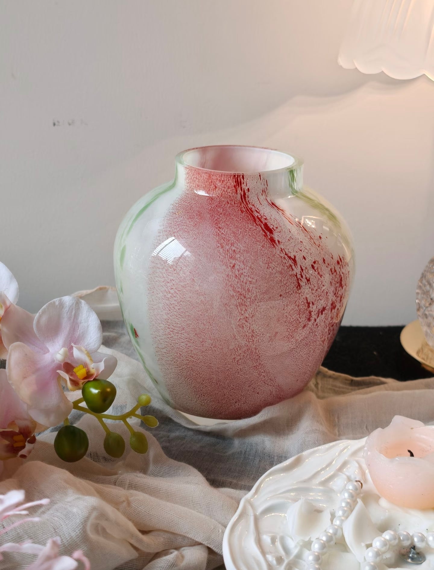Wild & Wonderful bouquet in garden globe vase - full arrangement with pearl tray styling