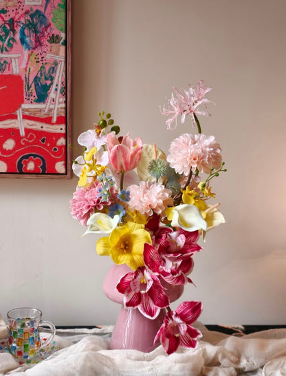 Wild & Wonderful bouquet in mushroom vase - full arrangement with art print backdrop, bright light
