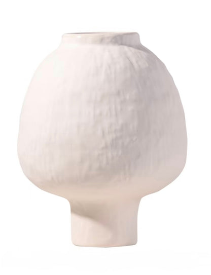 Golden Hour bouquet in raw linen ceramic vase - front view on white plinth, clean background