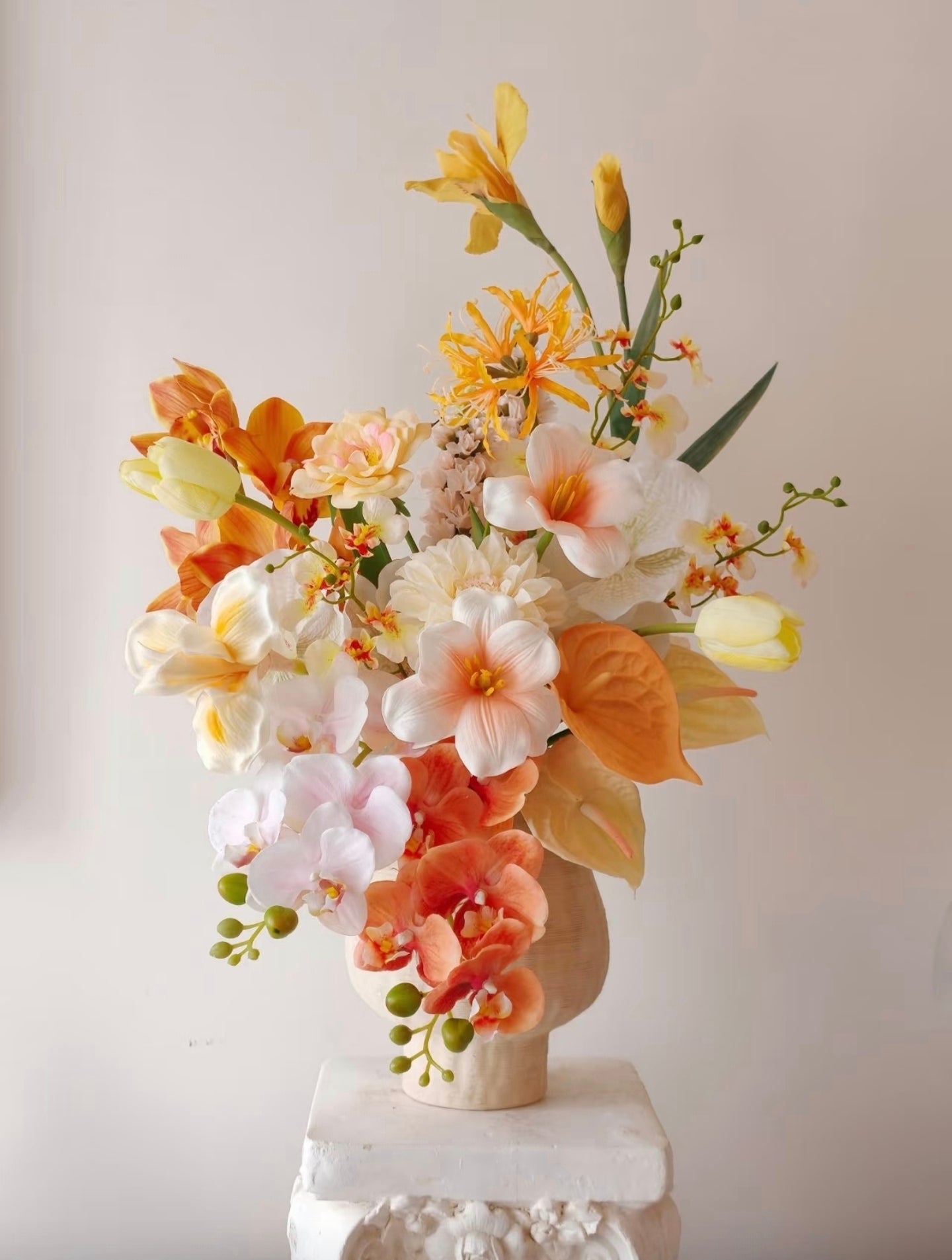 Golden Hour bouquet on white plinth - side angle showing full silhouette