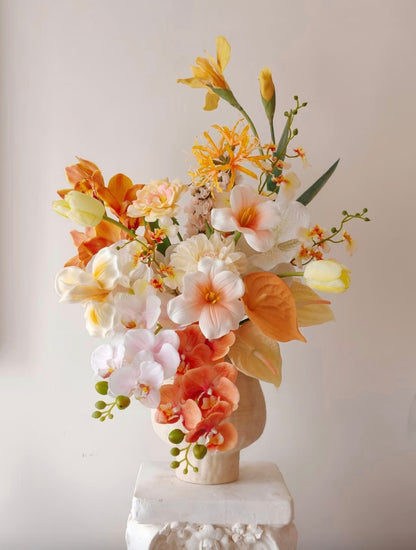 Golden Hour bouquet on white plinth - side angle showing full silhouette