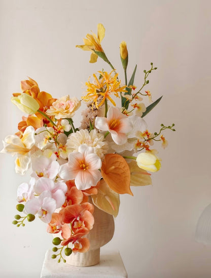 Raw linen ceramic vase - standalone product shot on white background, sculptural rounded silhouette