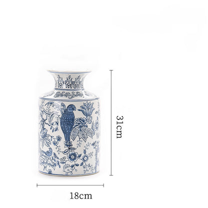Blue & White Parrot Chinoiserie Ceramic Vase