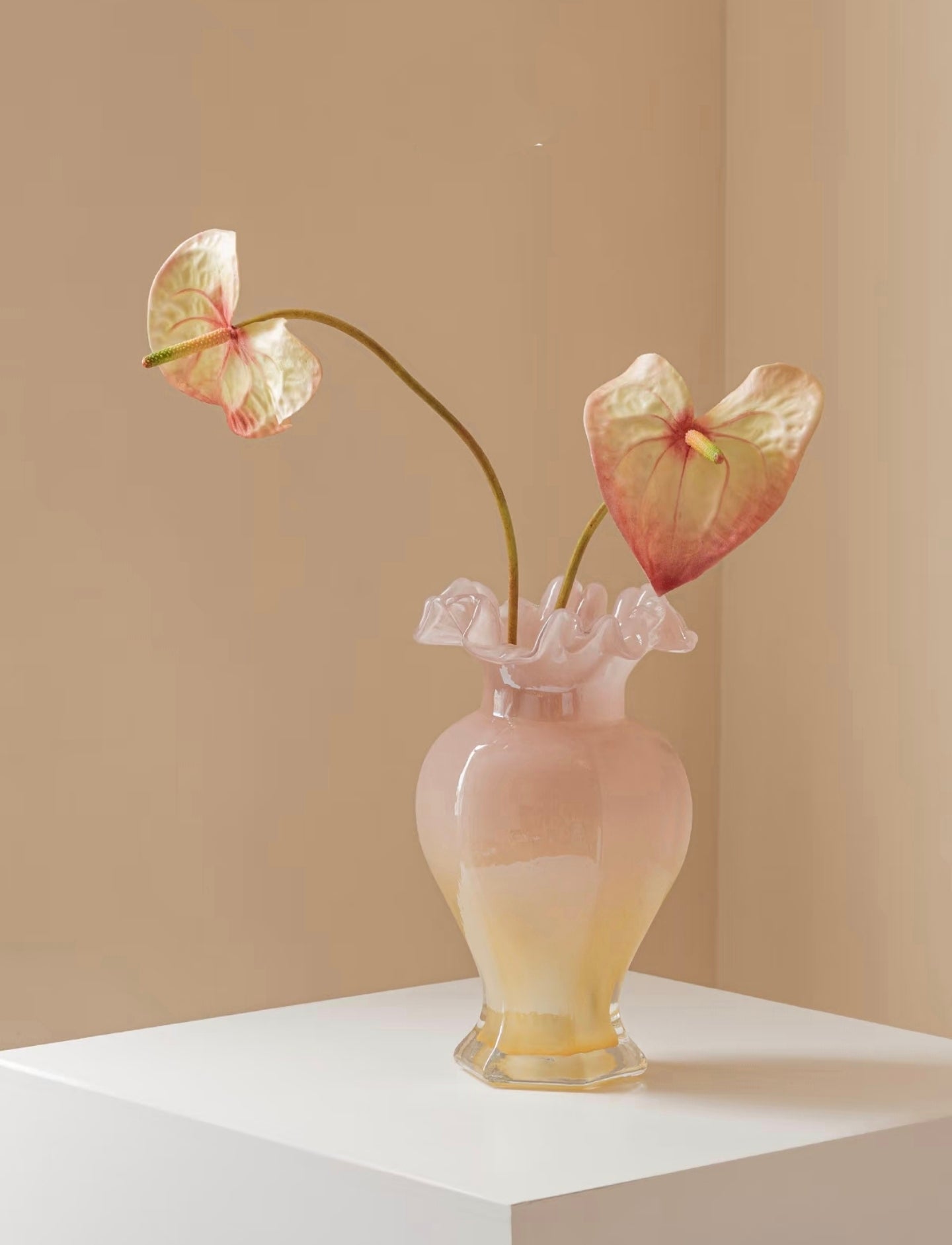 Pink Amber Ombre Ruffle Glass Vase