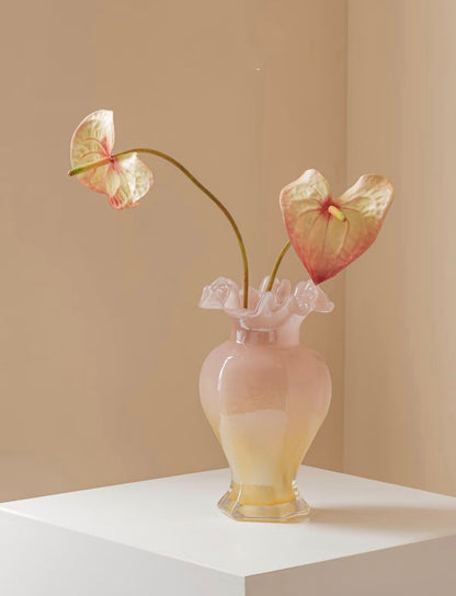 Pink Amber Ombre Ruffle Glass Vase