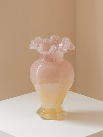 Pink Amber Ombre Ruffle Glass Vase