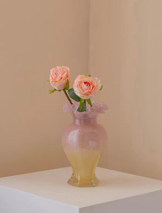 Pink Amber Ombre Ruffle Glass Vase