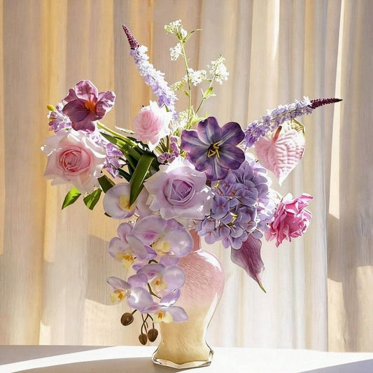 Pink Amber Ombre Ruffle Glass Vase + Purple Floral Arrangement Set